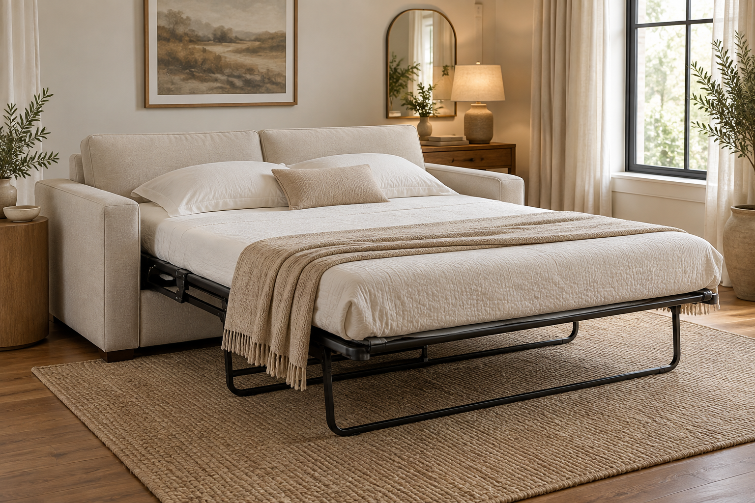 Convertible sofa bed shown in its fully opened sleeping configuration