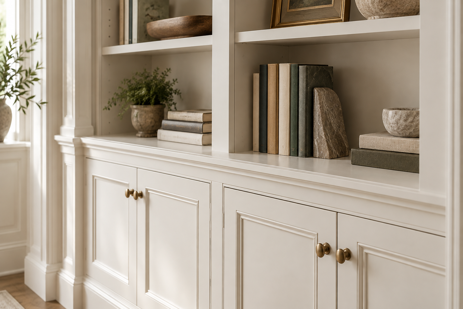 Smooth painted custom bookcase with paneled lower cabinets