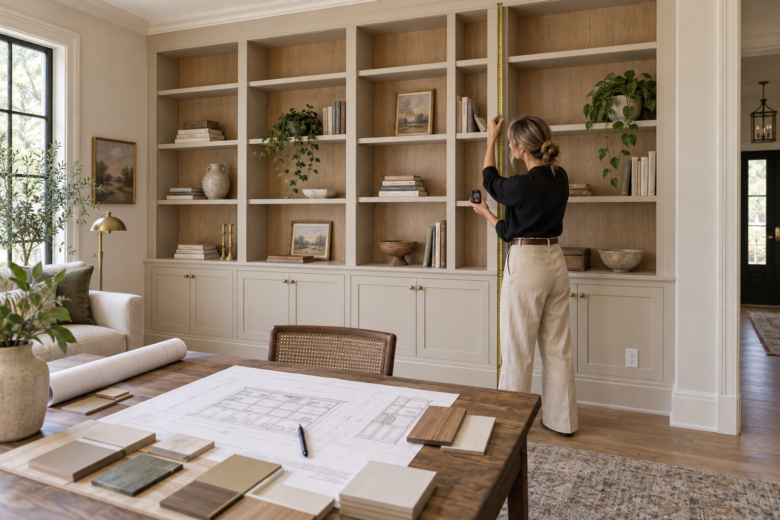 Designer measuring a custom bookcase wall and reviewing production drawings