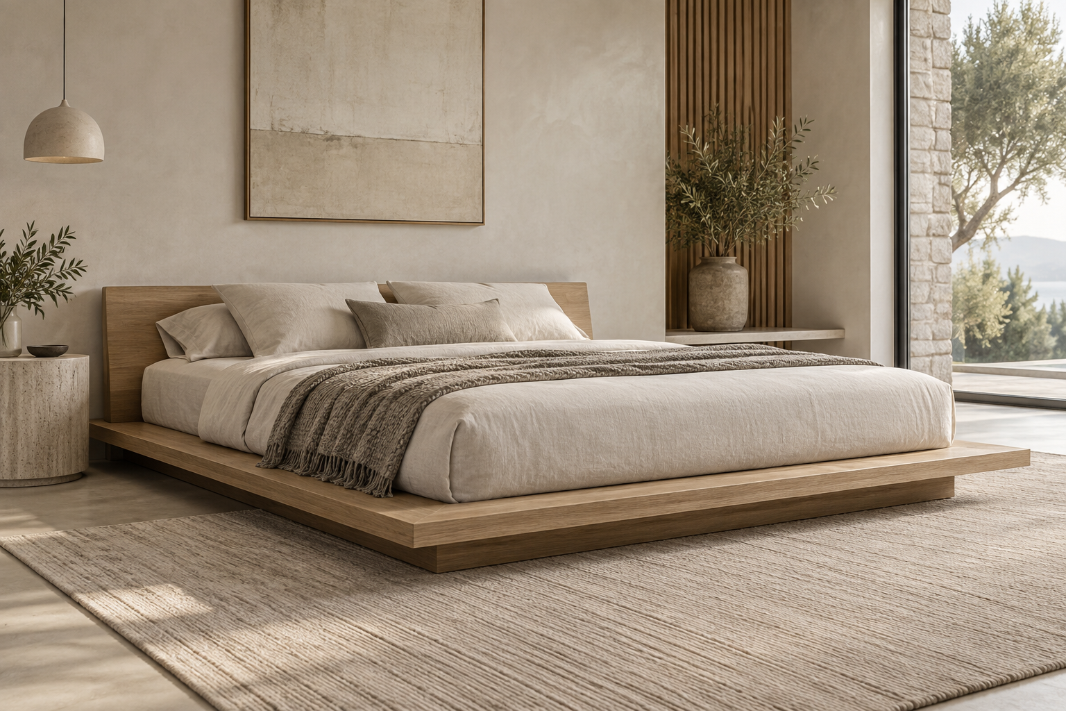 Low-profile wood platform bed with a broad floating base