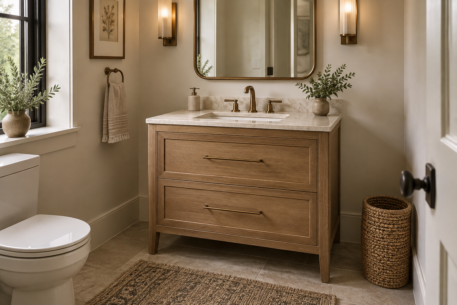 Custom single bathroom vanity in a compact bathroom