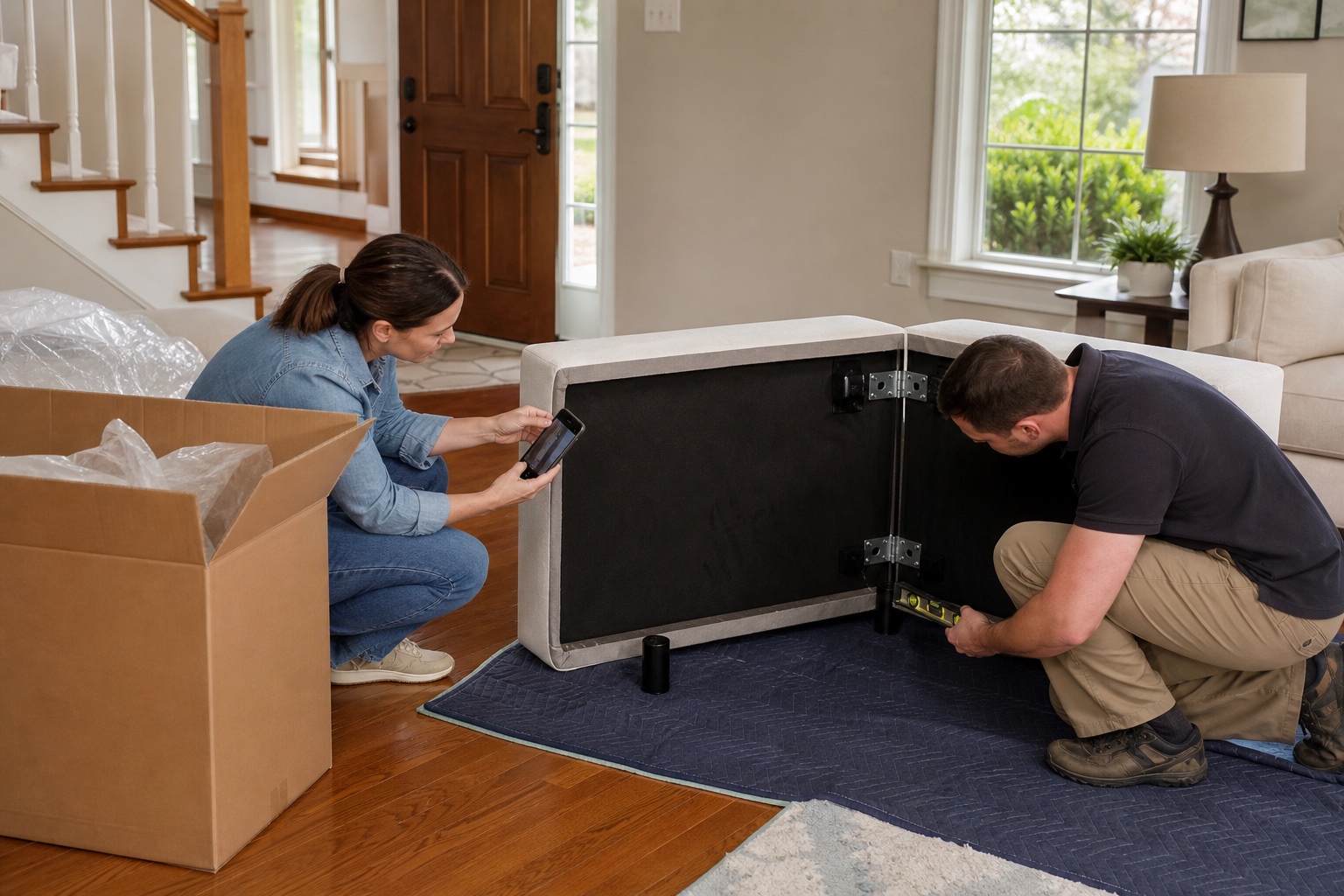 Homeowner and installer documenting a modular sofa frame connection and center leg during delivery