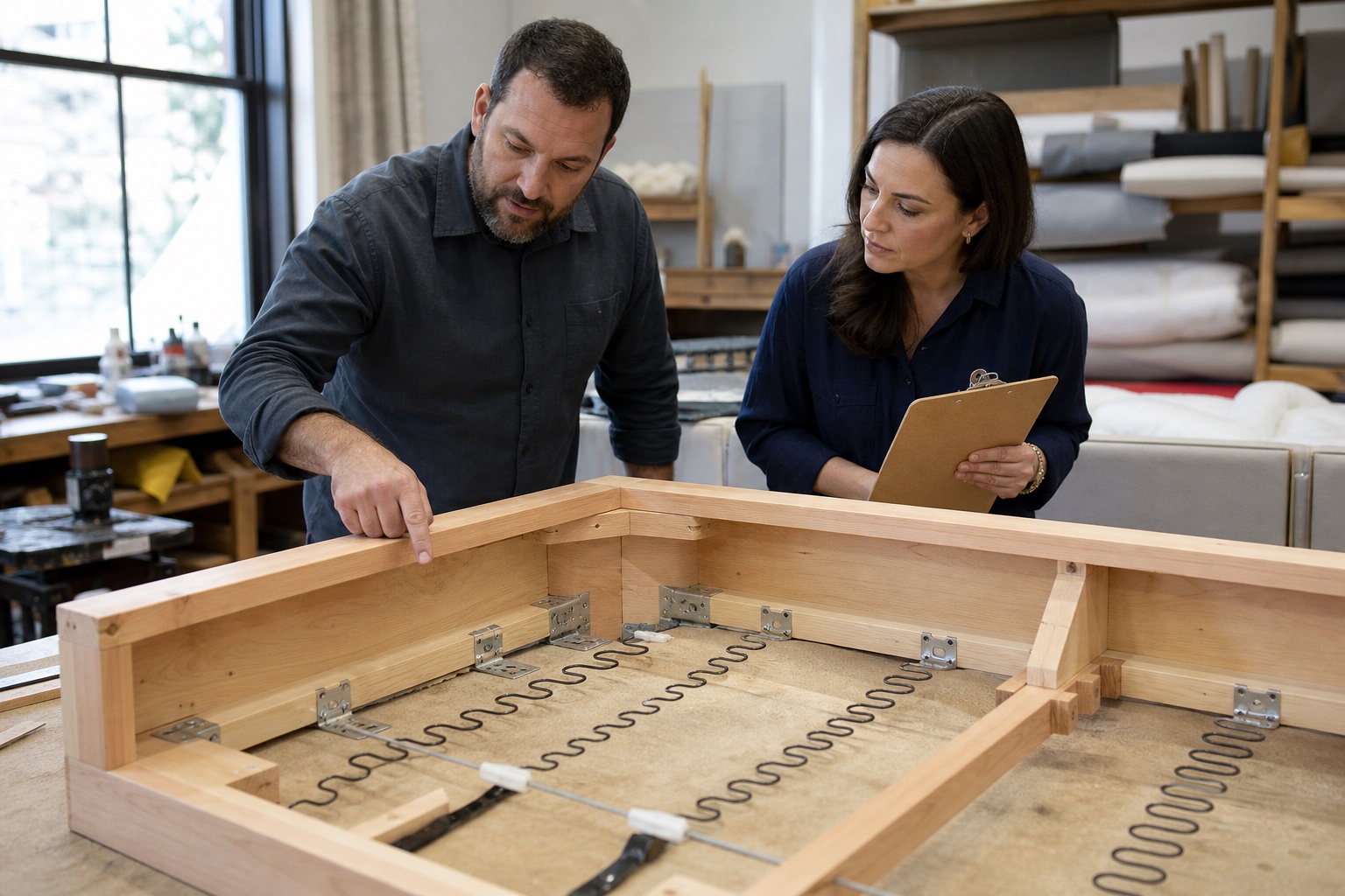 Furniture maker and interior designer reviewing sofa rail joints, corner reinforcement, and spring suspension