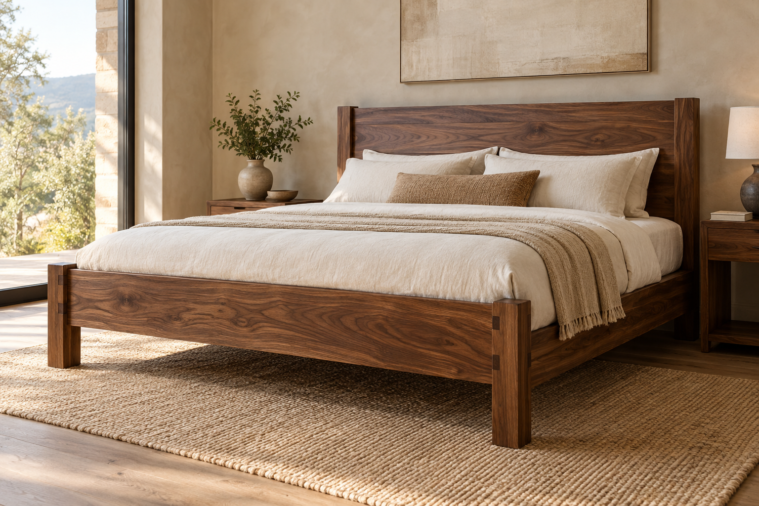 Custom solid-walnut bed showing natural wood grain and joinery