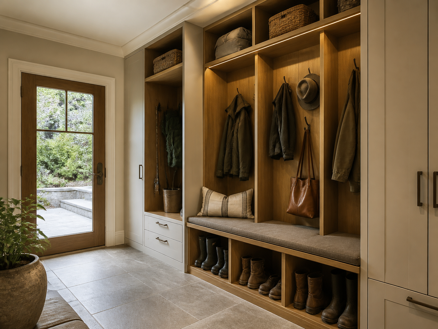 Mudroom with bench hooks open cubbies and closed cabinets