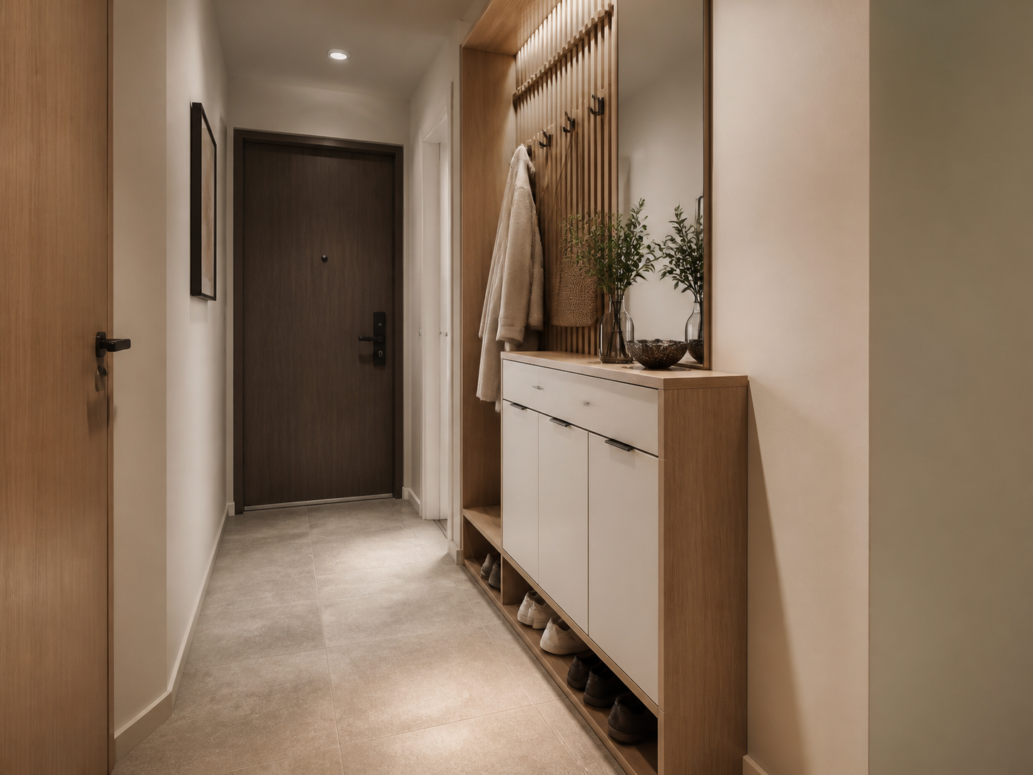 Slim storage planned for a narrow entryway