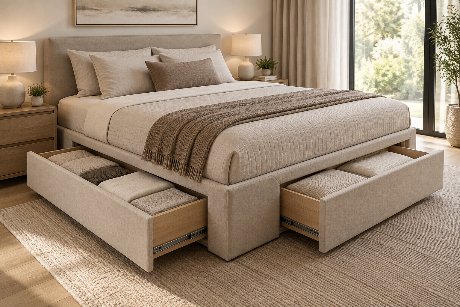 Custom storage bed with integrated drawers shown open
