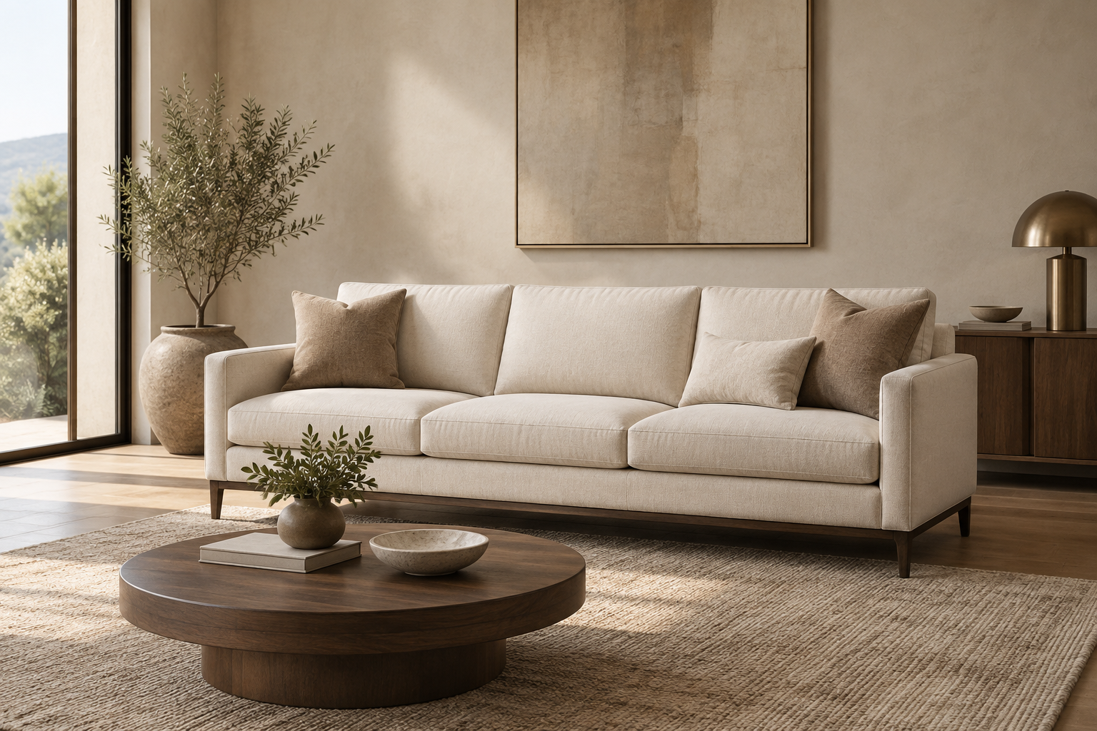 Straight three-seat upholstered sofa for a standard living room