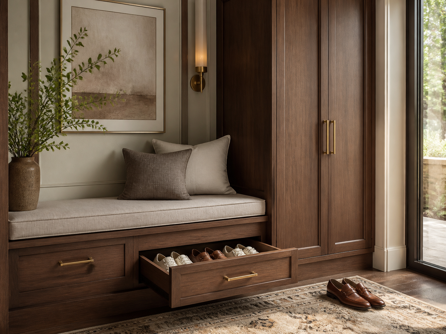 Shoe cabinet with integrated entryway bench