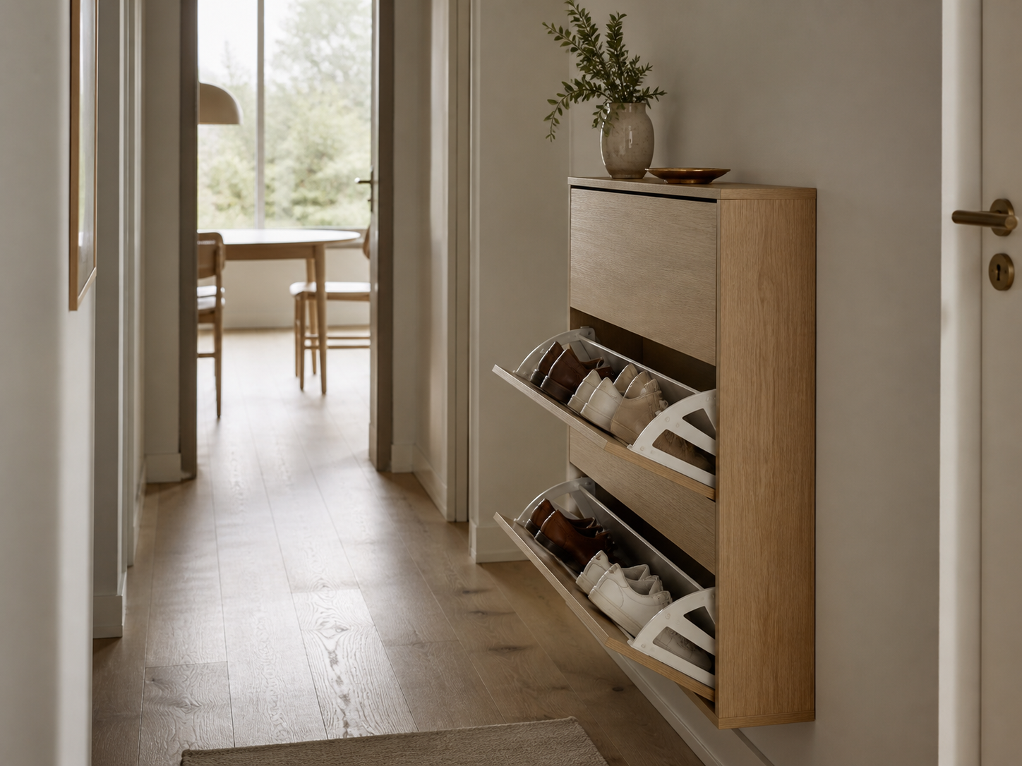 Slim tilt-out shoe storage cabinet