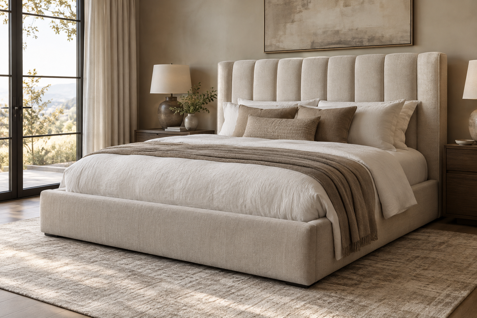 Custom upholstered bed and headboard in a warm contemporary bedroom