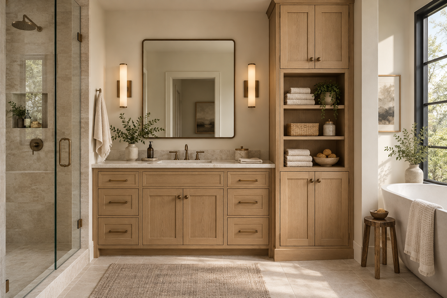 Custom bathroom vanity with coordinated tall storage cabinet