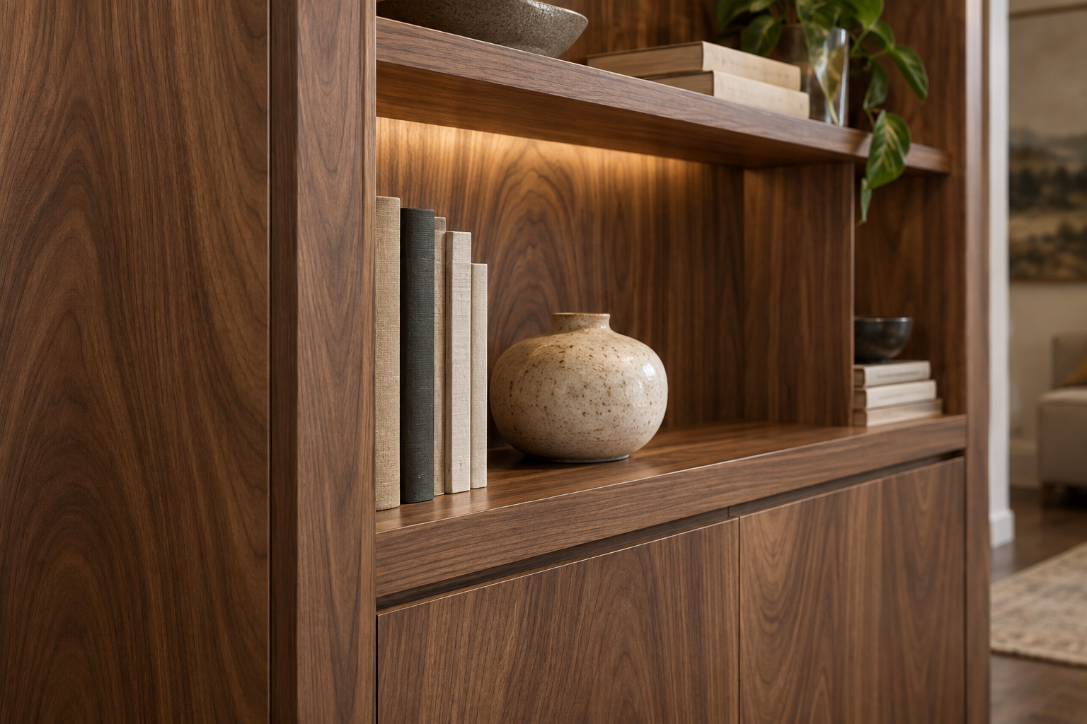 Walnut veneer bookcase detail showing matched natural wood grain